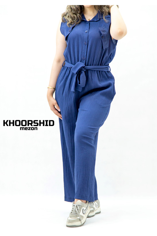 سرهمی زنانه ابی کمربنددار دکمهای فری سایز مزون خورشید