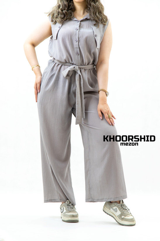 سرهمی زنانه طوسی کمربنددار دکمهای فری سایز مزون خورشید