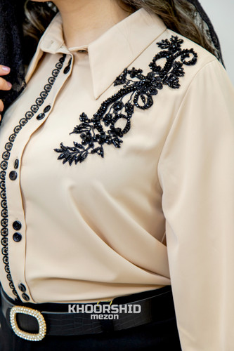 شومیزسنگدوزی کرپ نسکافه ای یقه مردانه