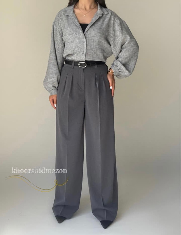 شلوار بگ پارچه ای زنانه جدید پیله دار خاکستری