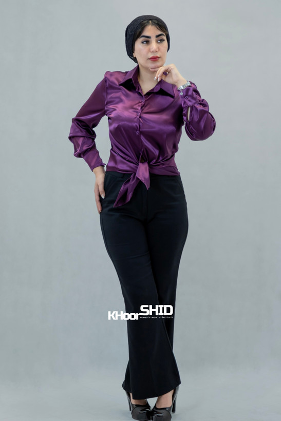 شومیز ساتن جدید قواره بزرگ بادمجونی