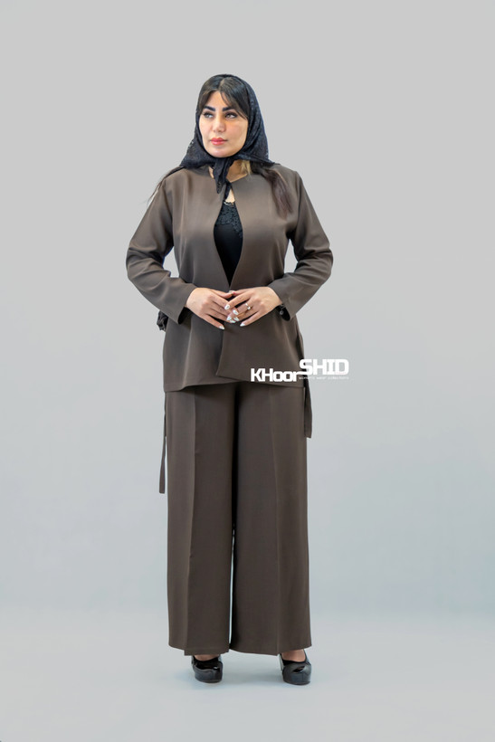 ست کت و شلوار جدید زنانه مشکی وقهوه ای کمربند گل دار