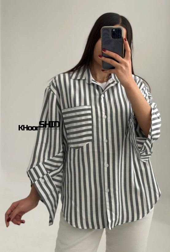 شومیز نخی راه راه جدید خاکستری